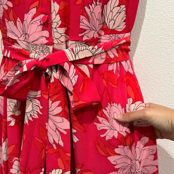 Talbots Belted Midi Shirtdress Sz 4 Chrysanthemum Red Floral Fit & Flare Pockets - Picture 6 of 10